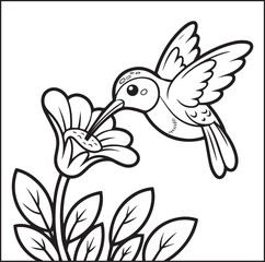 Obraz premium Beautiful hummingbird black vector outline hand-drawn artwork for kids coloring page or book design