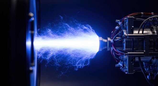 Bright ionized plasma emanates from a compact satellite ion thruster under vacuum conditions emphasizing space propulsion innovation.