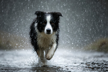 Happy dog ​​is running in the water