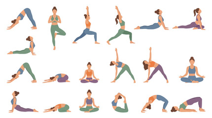 Woman Practicing Various Yoga Poses Illustration.