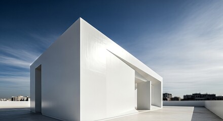 Obraz premium Modern White Building with Geometric Design Against a Blue Sky.