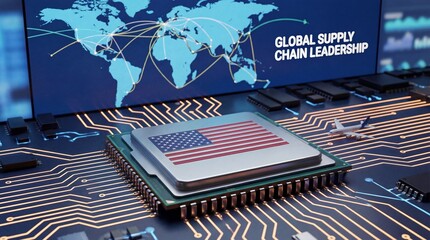 Global supply chain leadership visualization showing international logistics network connectivity and American technology infrastructure for worldwide trade management coordination