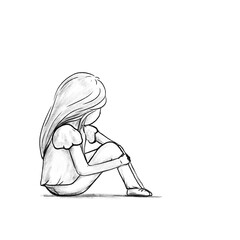 Obraz premium Girl sitting with her knees drawn up and looking out pencil sketch illustration