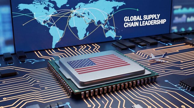 Global supply chain leadership visualization showing international logistics network connectivity and American technology infrastructure for worldwide trade management coordination