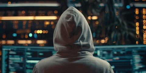 Shot from the Back to Hooded Hacker Breaking into Corporate Data Servers from His Underground Hideout. Place Has Dark Atmosphere, Multiple Displays, C