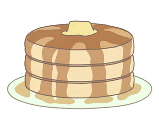 ホットケーキを3つ重ねてバターとシロップがかかっているイラスト　お皿付き