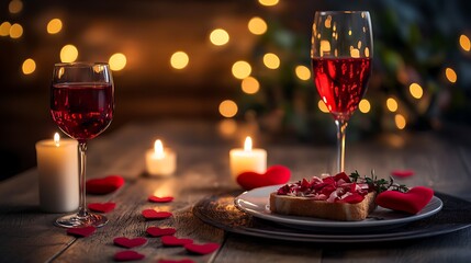 Romantic valentine's day dinner with red wine candles and hearts for couples celebration event date night