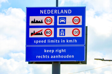 sign indicating speed limit and direction of travel in the Netherlands upon entering the country