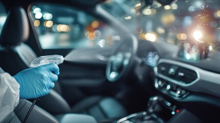 Medium shot of a technician spraying disinfectant inside a vehicle with the seated drivers area in sharp focus and the background softly blurred.