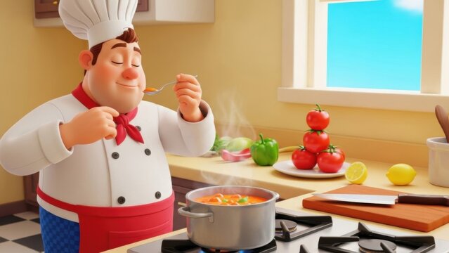 A delightful animated chef enjoys a taste test of his simmering culinary creation in a bright