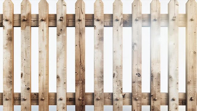 Rustic Wooden Picket Fence on White Background.