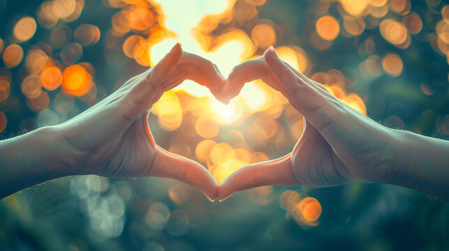 Hands Making Heart Shape Against Golden Sunset Bokeh