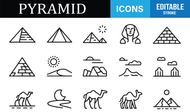 Egypt pyramid and archaeology line icons