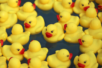 Yellow floating rubber ducks for a fishing game at a party