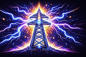 Power towers emitting tremendous energy, flashing lightning, and for electric power, high voltage electricity, and futuristic energy infrastructure.