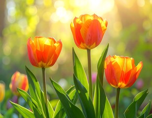 Three vibrant tulips with orange and yellow petals bask in the golden light. Green foliage creates a blurred backdrop