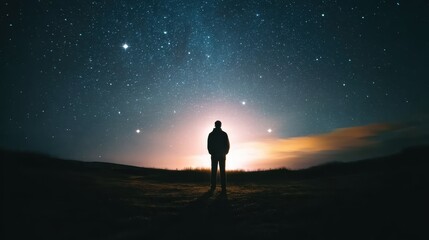 Night mountain scene with man silhouetted against starry sky and Milky Way, ideal for outdoor adventures, motivational posters, or astronomy themes.