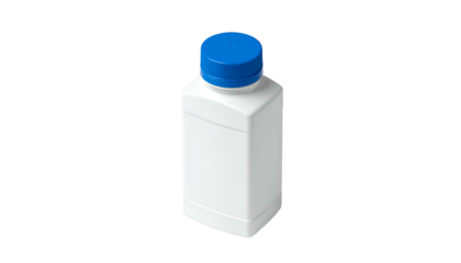 A white square plastic bottle with a blue cap against a black background