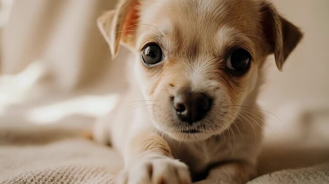 前足を少し上げ、カメラをまっすぐ見つめるチワワの子犬の映像です。
小さな体と愛らしい表情が好奇心を強く感じさせます。