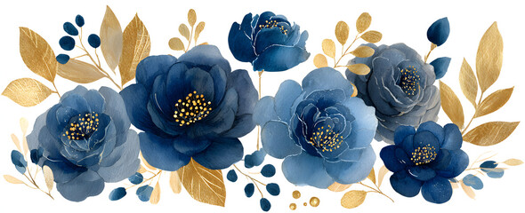 Set watercolor design elements of roses collection garden navy blue flowers, leaves, gold branches, Botanic illustration isolated on white background.