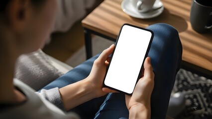 Woman holding blank white screen smartphone mockup while sitting on sofa
