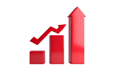 A red 3D bar chart with an upward arrow, signifying growth against a black background