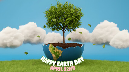 A vibrant illustration of a tree growing from the globe, celebrating earth day on april 22nd