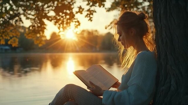 beautiful girl reading under tree sunset lifestyle video