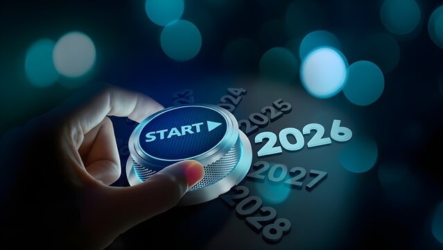 Hand pressing 'START' button for new year 2026 with dark blue bokeh background - Powered by Adobe