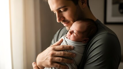 Man gently holding his sleeping newborn baby in warm light