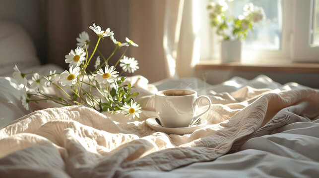 Morning Coffee and Daisy Flowers on Bed in Sunlit Bedroom