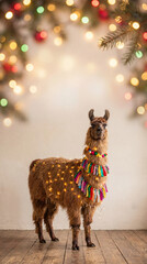 Fototapeta premium Festive llama poses under glowing lights. Llama wears colorful tassel garlands and string lights, perfect for Christmas and New Year greeting, holiday marketing, winter decor, copy space background