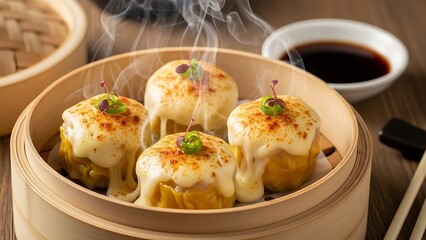 Steamed Cheese Lava Dumplings with Creamy Melted Topping