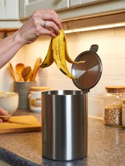 Person Disposing of Banana Peel in Compost Bin - Sustainable Living Concept