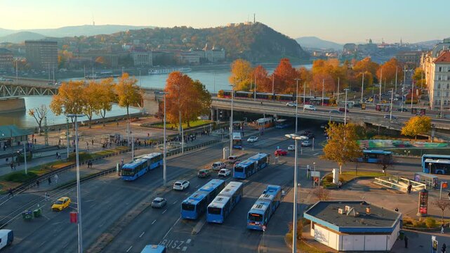Panoramic view of Budapest and Danube River, city architecture, Petofi bridge and road traffic
