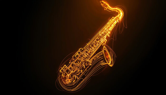 Golden saxophone glowing with vibrant light trails on black background