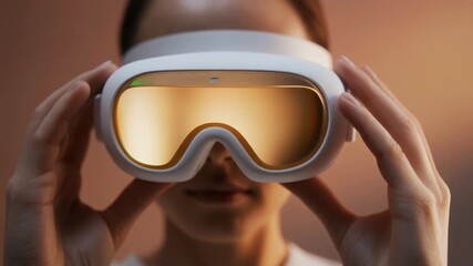 Person adjusting futuristic VR goggles with reflective golden lenses showcasing immersive digital technology experience in modern entertainment