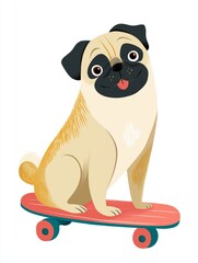 Fototapeta premium Pug dog enjoys skateboarding on a pink board in a fun and playful setting during the day, wall art Poster in painting style