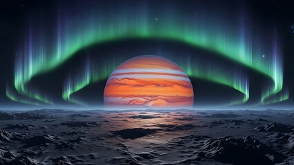 Vibrant Orange Planet with Green Aurora Lights in Space
