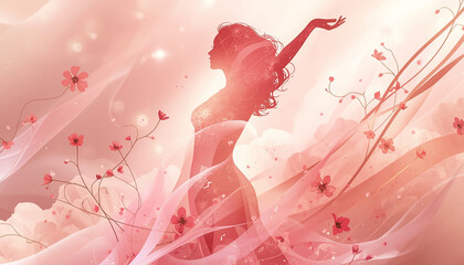Elegant woman dancing in soft pink floral environment with flowing fabric
