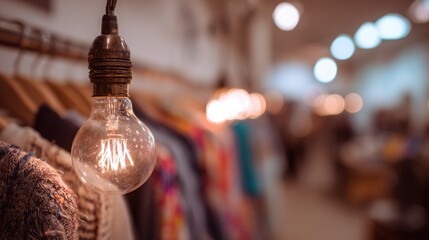 Warm light from smart bulbs illuminates a boutique shop interior focused sharply while the environment fades into a delicate bokeh effect showcasing innovative ecoconscious