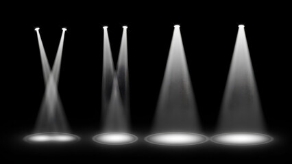Minimalist stage spotlights shine through darkness, forming soft cones of white light that intersect and fade, creating a dramatic theatrical atmosphere with depth, symmetry, and quiet elegance mood.
