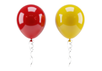 A pair of hyperrealistic, glossy candy apple red and sunny yellow spherical balloons with silver ribbons floating against a transparent studio background, concept for a celebration visualization