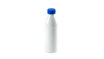 A plain white plastic bottle with a blue cap against a black background