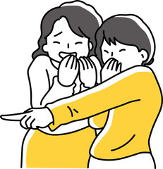 笑いながら指差す２人の女性