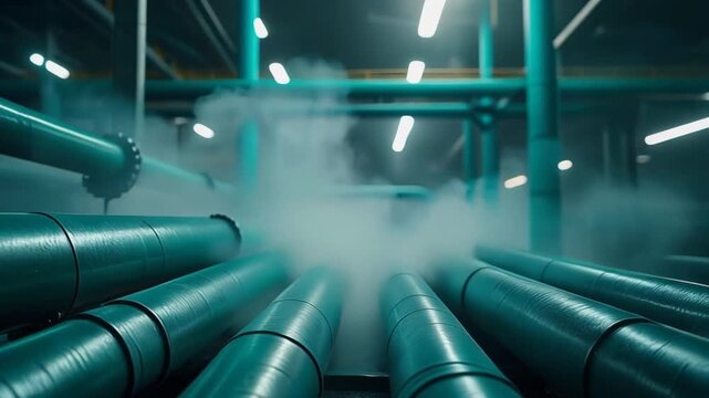 Symmetrical array of large industrial metal pipes in a modern manufacturing facility with blue illumination and structural framework creating depth