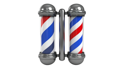 Two traditional barber poles, red, white, and blue, with silver fixtures, on black background