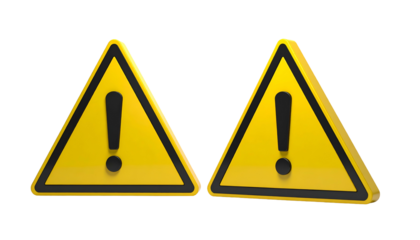 Two 3D triangular warning signs in yellow with black borders and exclamation points