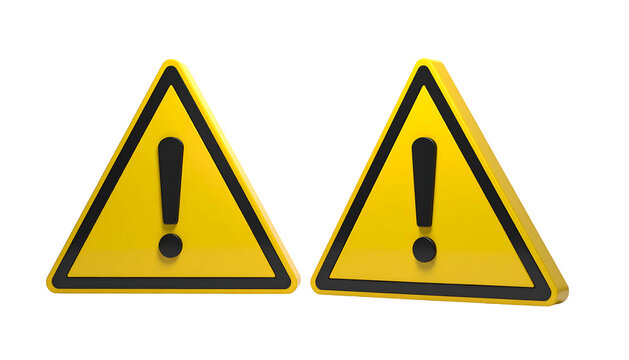 Two 3D triangular warning signs in yellow with black borders and exclamation points