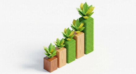 A 3D bar graph with green plants growing out of wooden and grassy blocks